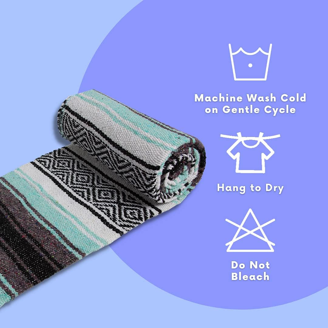 Mexican Yoga Blanket | Colorful Falsa Serape | Park, Yoga, Picnic, Beach, Patio, Soft Woven Saddle Blanket, Boho Home Decor (Cool Mint & Gray)