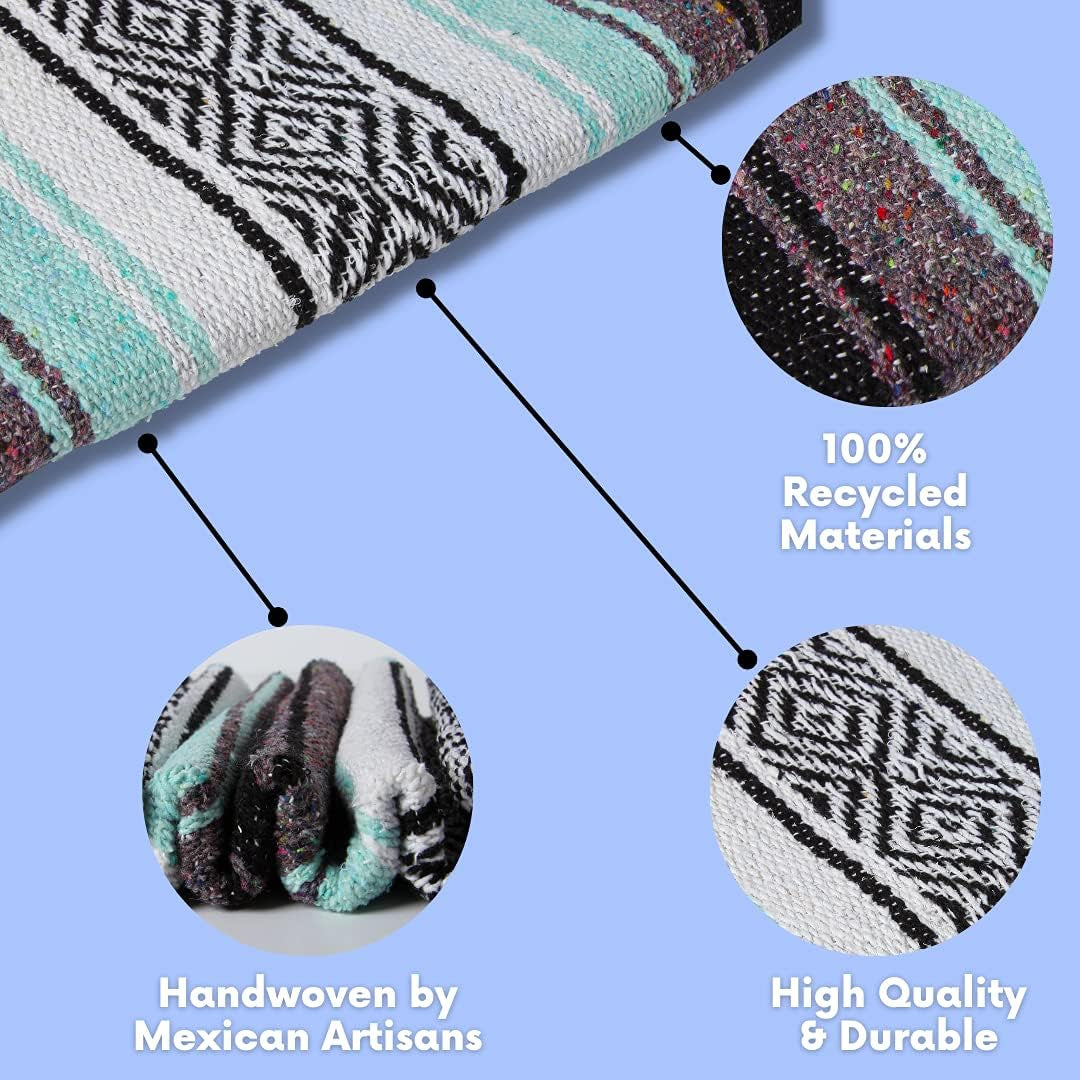 Mexican Yoga Blanket | Colorful Falsa Serape | Park, Yoga, Picnic, Beach, Patio, Soft Woven Saddle Blanket, Boho Home Decor (Cool Mint & Gray)