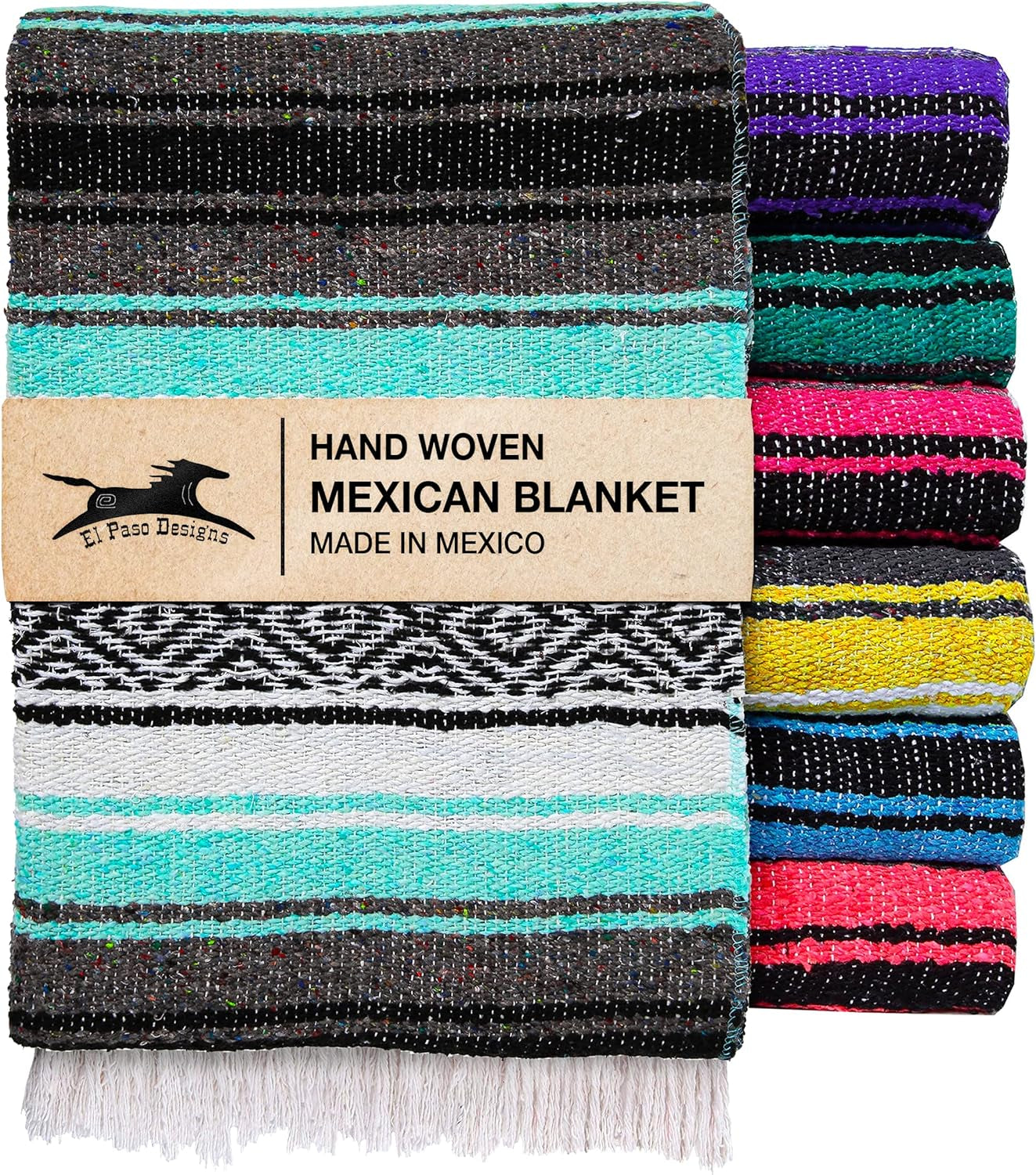 Mexican Yoga Blanket | Colorful Falsa Serape | Park, Yoga, Picnic, Beach, Patio, Soft Woven Saddle Blanket, Boho Home Decor (Cool Mint & Gray)